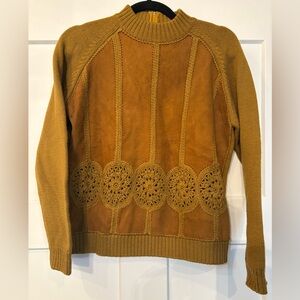 Vintage Tarni Mustard Crochet Wool Suede Leather Accent Sweater